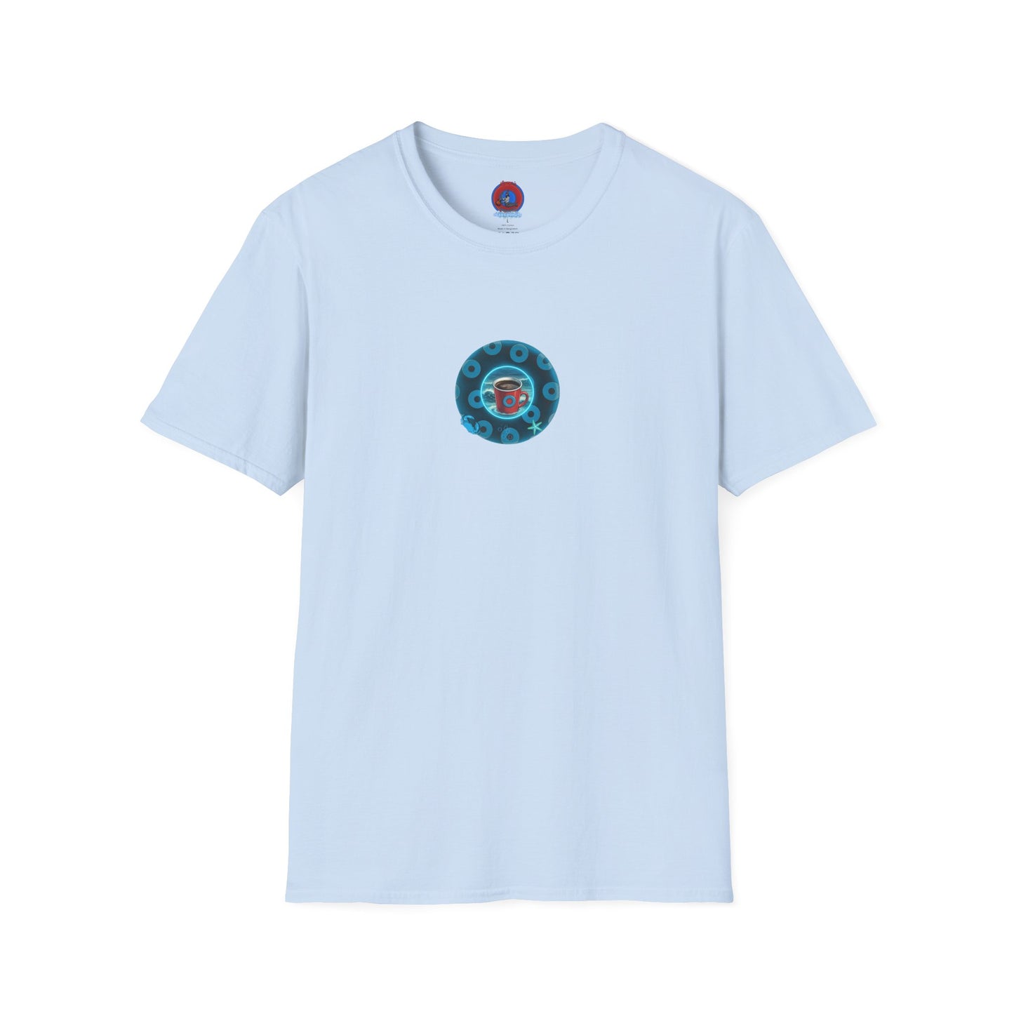Lumpy Coffee Traders Tee - Unisex Soft-Style - "Good to Last Leaky Drop" - paradoxical donut - variant 2 - ocean donut front/logo back