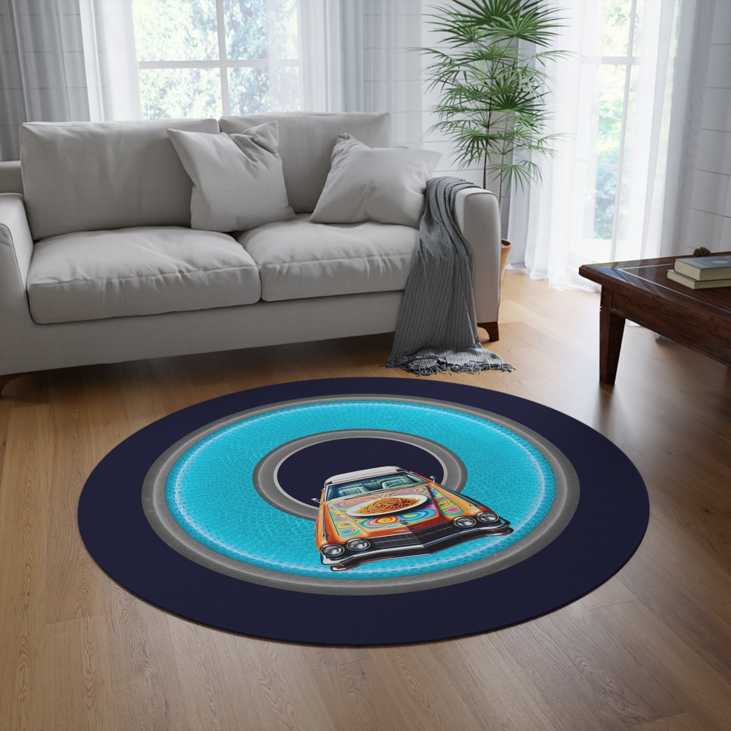 Round Room - 5 ft x 5 ft Lumpy Donut Rug - "Caddy Spaghetti Incident Donut Rug" - rustic light blue/gray donut w/dark navy background - variant 2