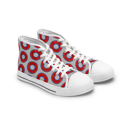 Women's High Top Chuck Taylors - large vivid red donut print w/light gray background