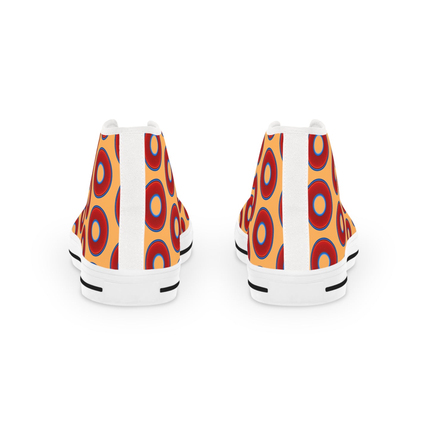 Men's High Top Chucks - large vivid red donut print w/creamsicle orange background