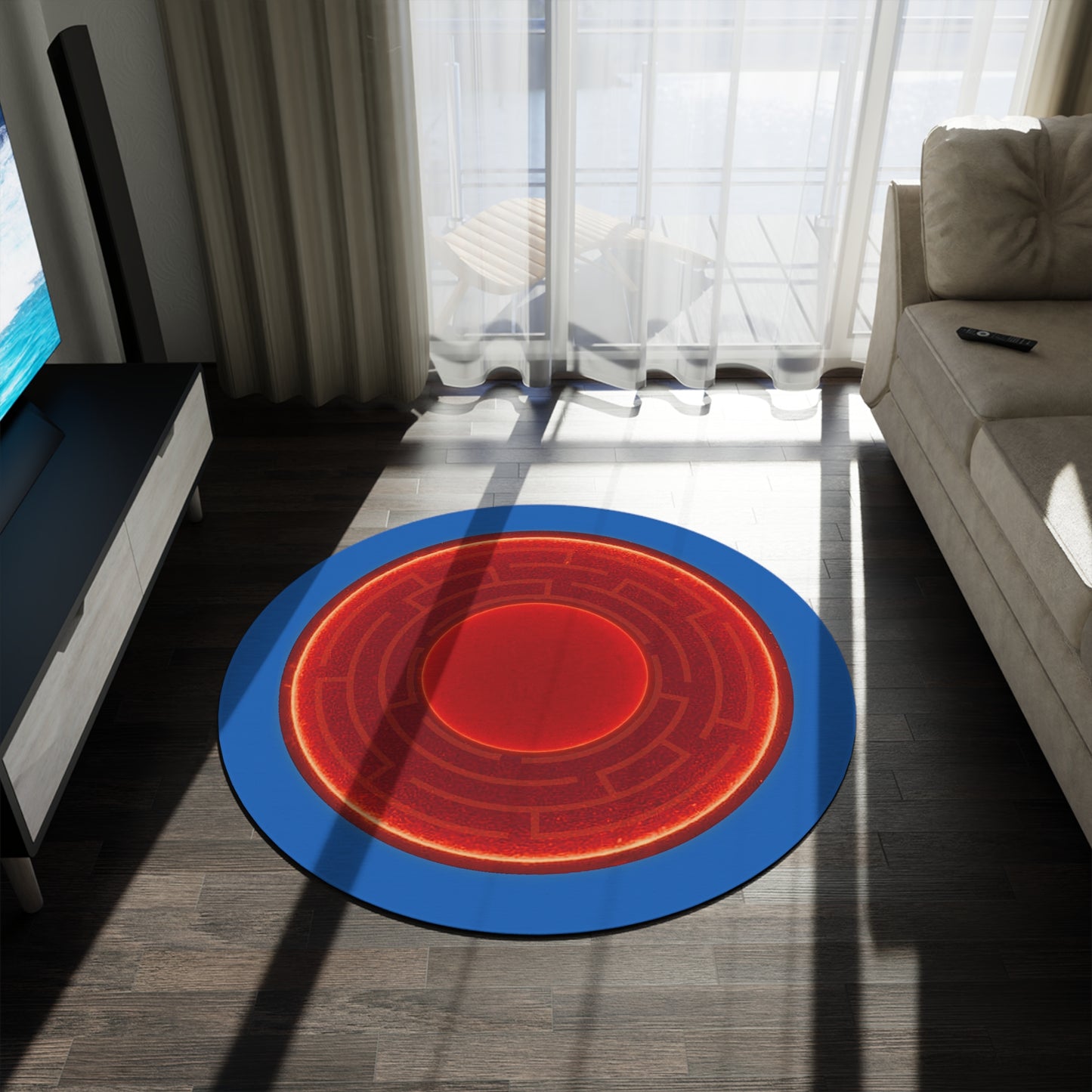 Round Room - 5 ft x 5 ft Lumpy Donut Rug - "The Amazing Donut Rug" - vivid maze donut w/dark royal blue background - variant 2