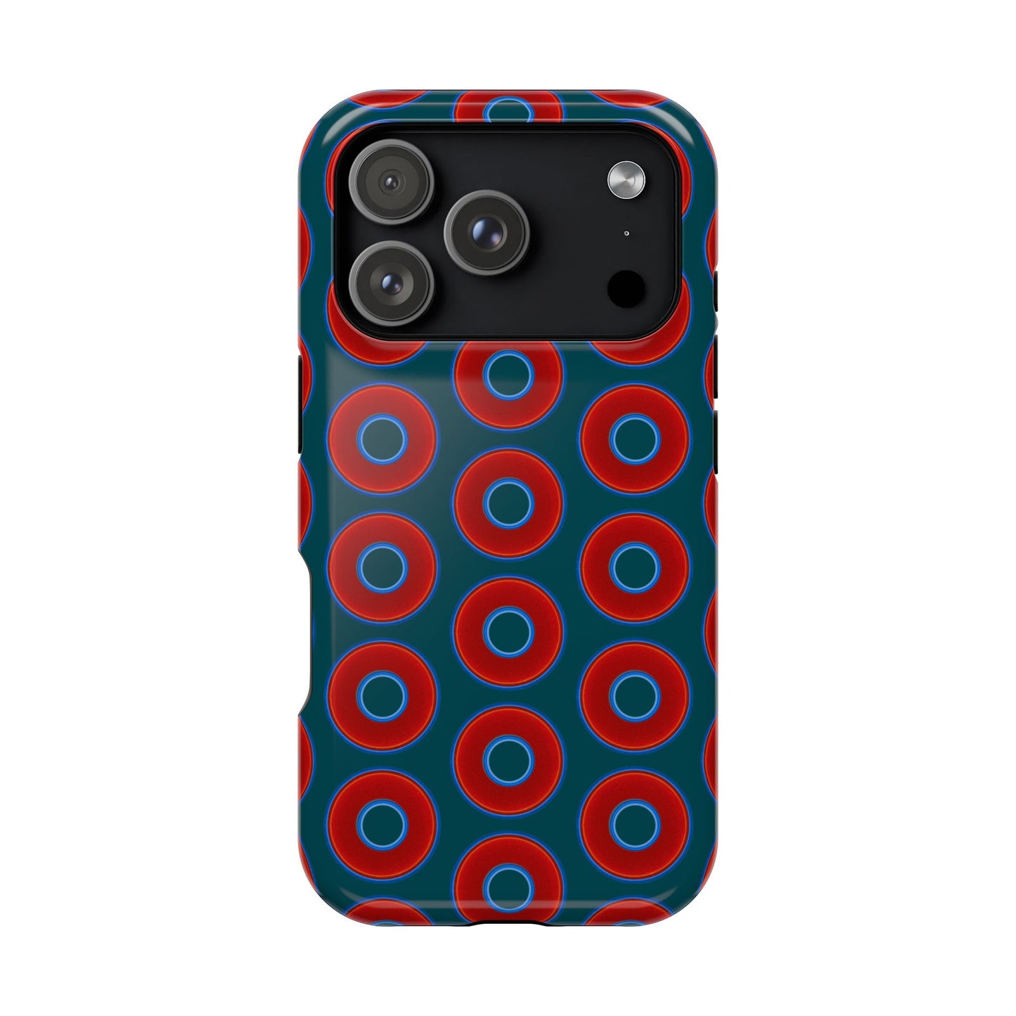 Impact-Resistant Lumpy Donut Case - red vivid donut print w/midnight green background
