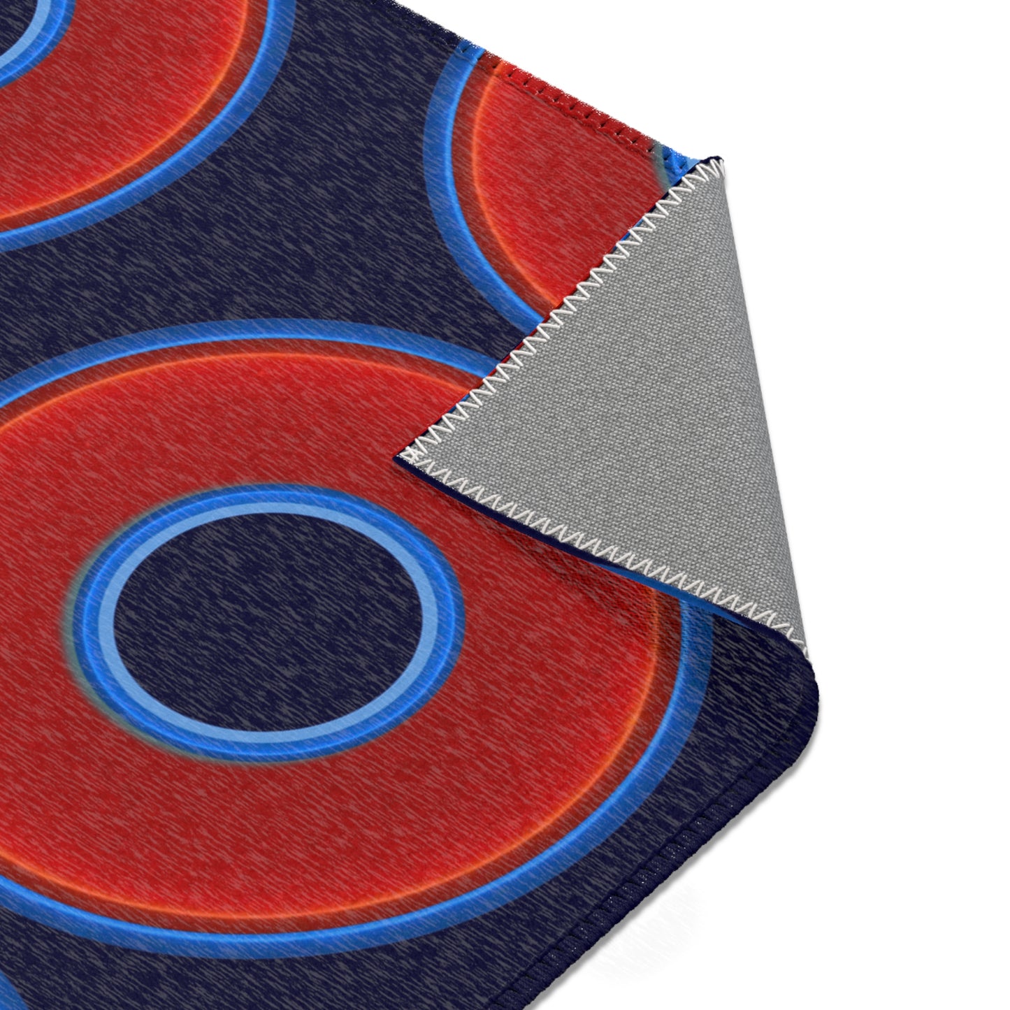 Lumpy Donut Print Rug - choice of 3 sizes - vivid red donut print w/midnight blue background