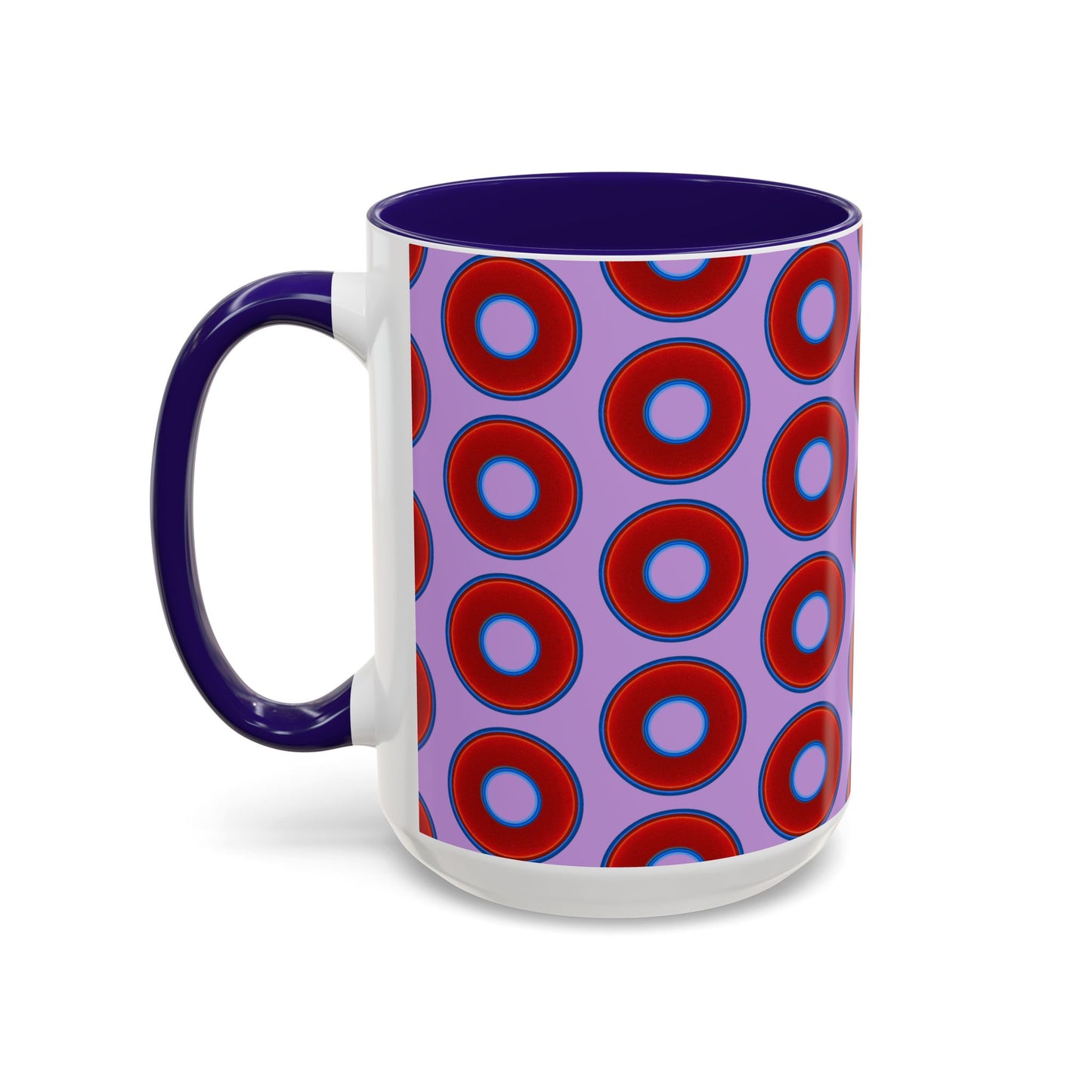 Lump's Grumpy Coffee Mug - vivid red donuts w/wisteria purple background