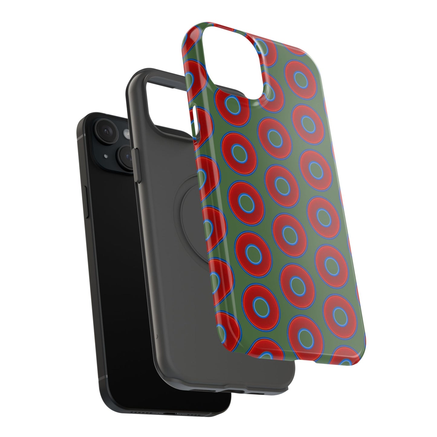 Impact-Resistant Lumpy Donut Case - red vivid donut print w/dark green background