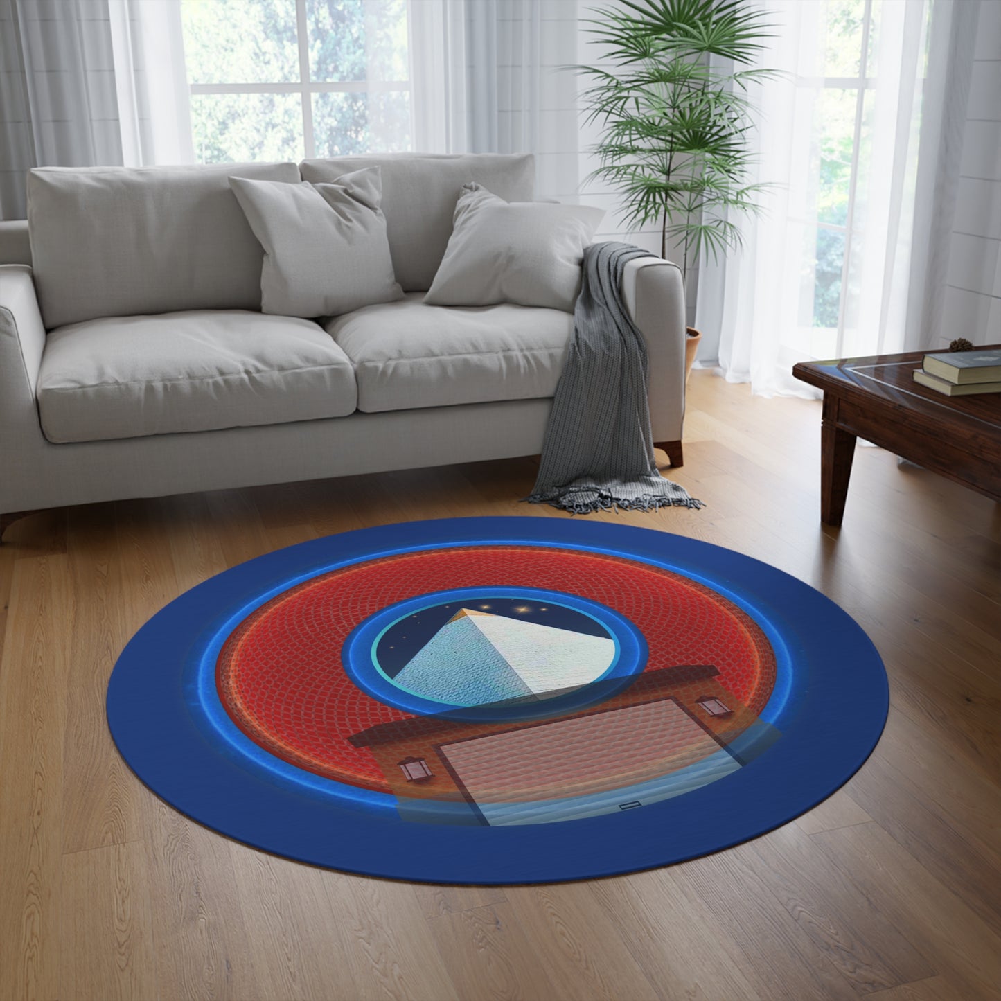 Round Room - 5 ft x 5 ft Lumpy Donut Rug - "Limestone Donut Rugs so Large " - rustic red/blue donut w/dark blue background - variant 2