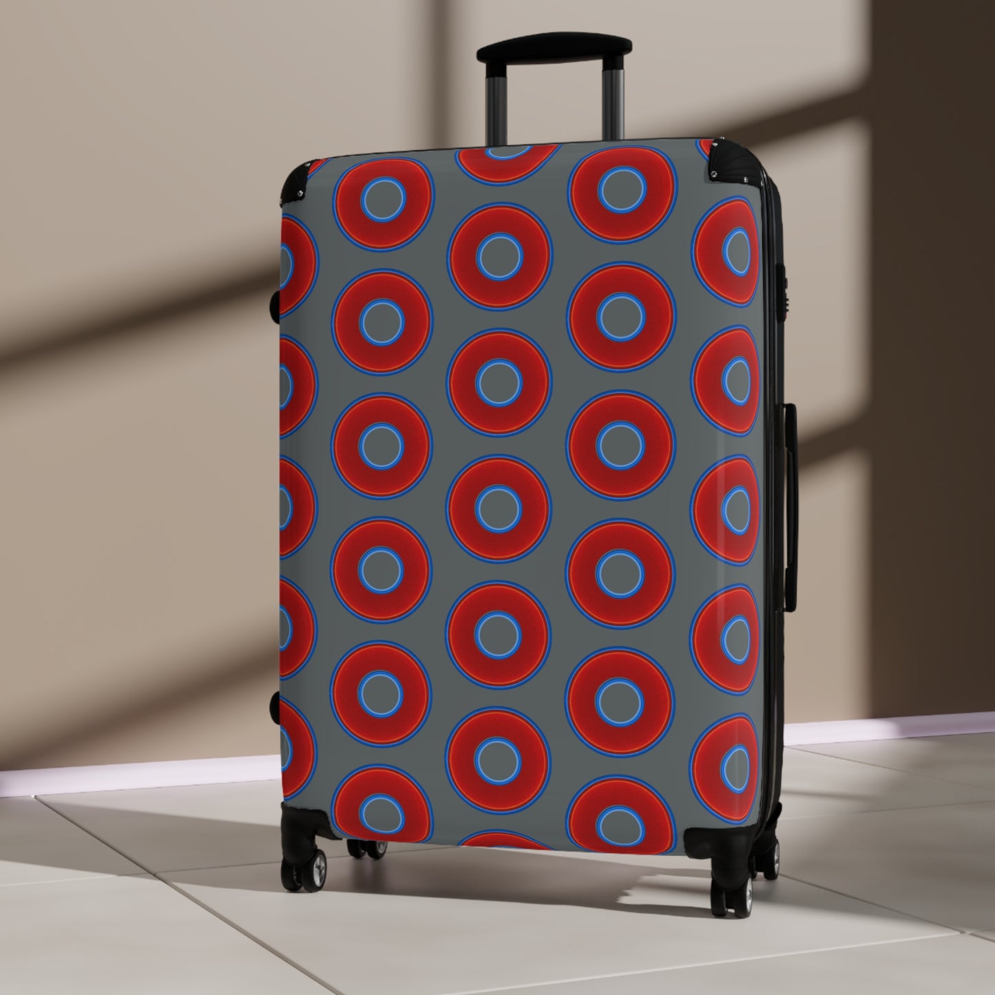The Very Lumpy Donut Suitcase series - your choice of S, M or L - vivid red donut print w/dark gray background
