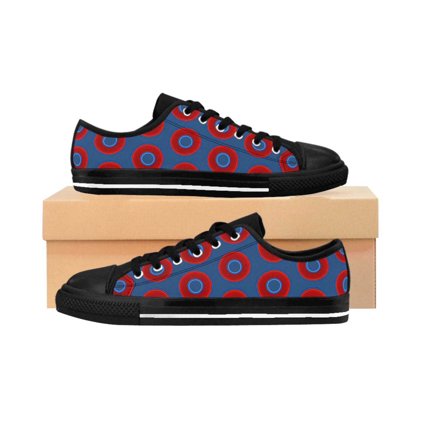 Women's Cushiony Convectors - Low Top - large red vivid donut print w/light navy blue background