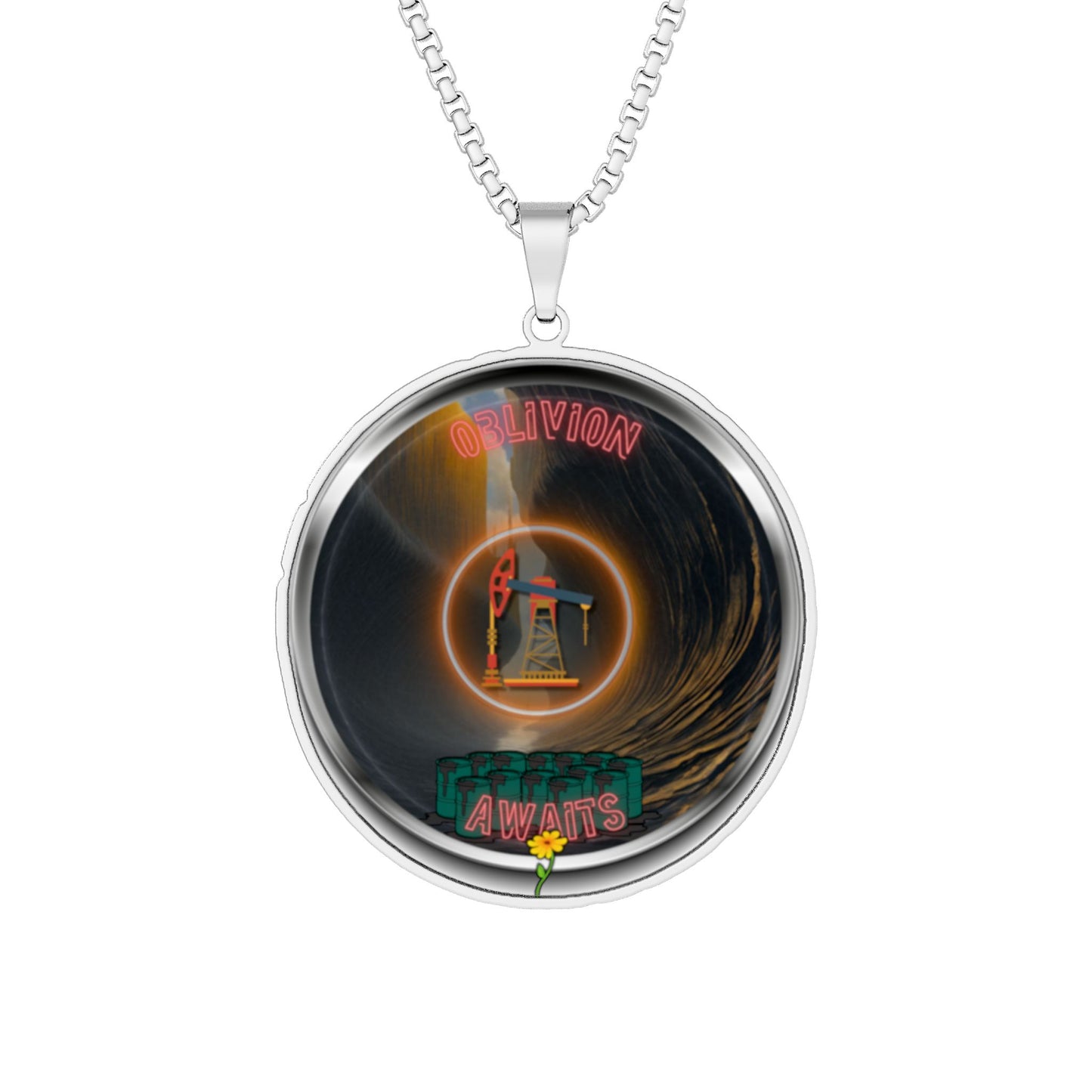 Lump's Heady Donut Necklace - 1" x 1" Stainless Steel Pendant - "The Donut Pendant Splashed in Oil" - vivid surreal donut [*Charitable Donut]