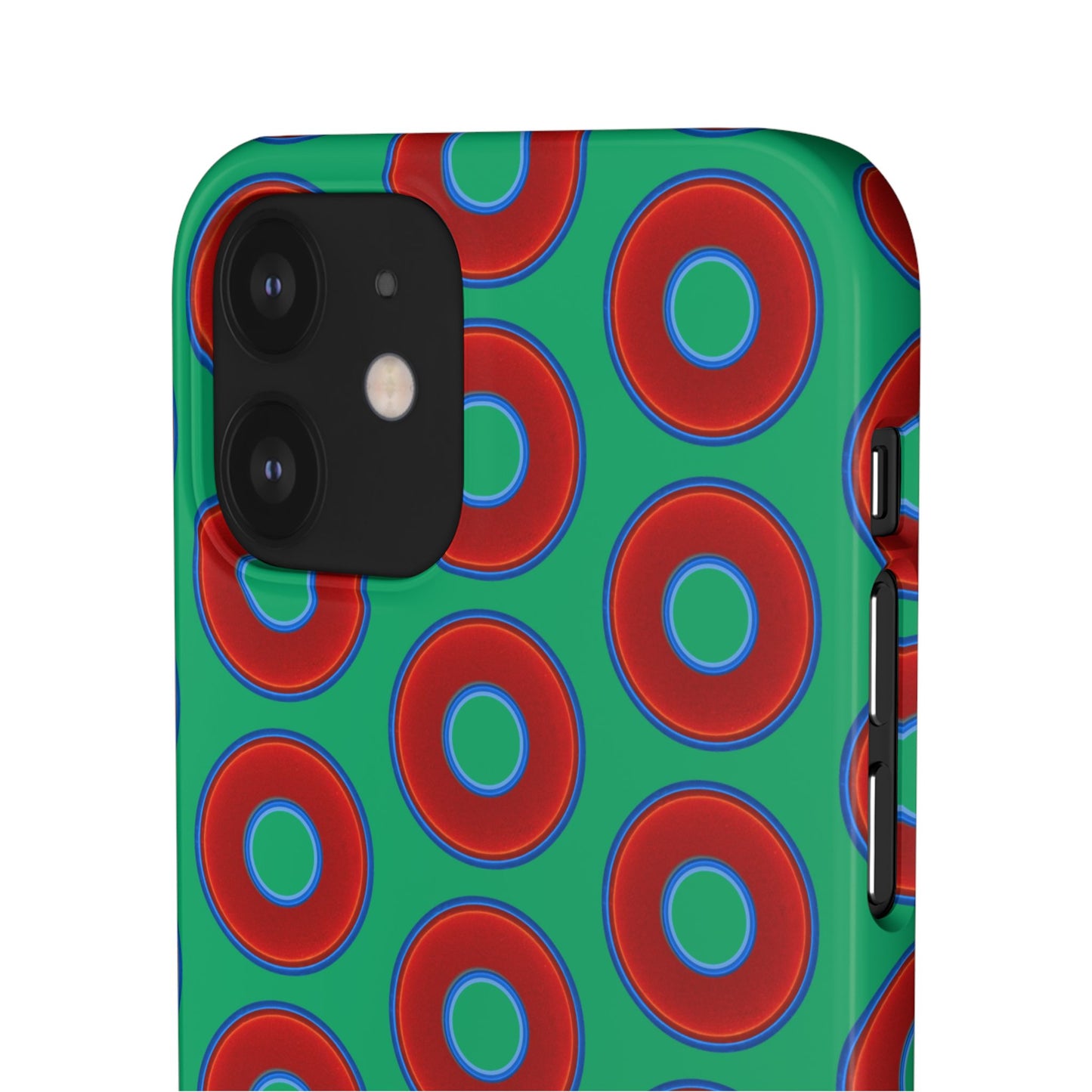 Lumpy Donut Snap Case - red vivid donut print w/jade green background