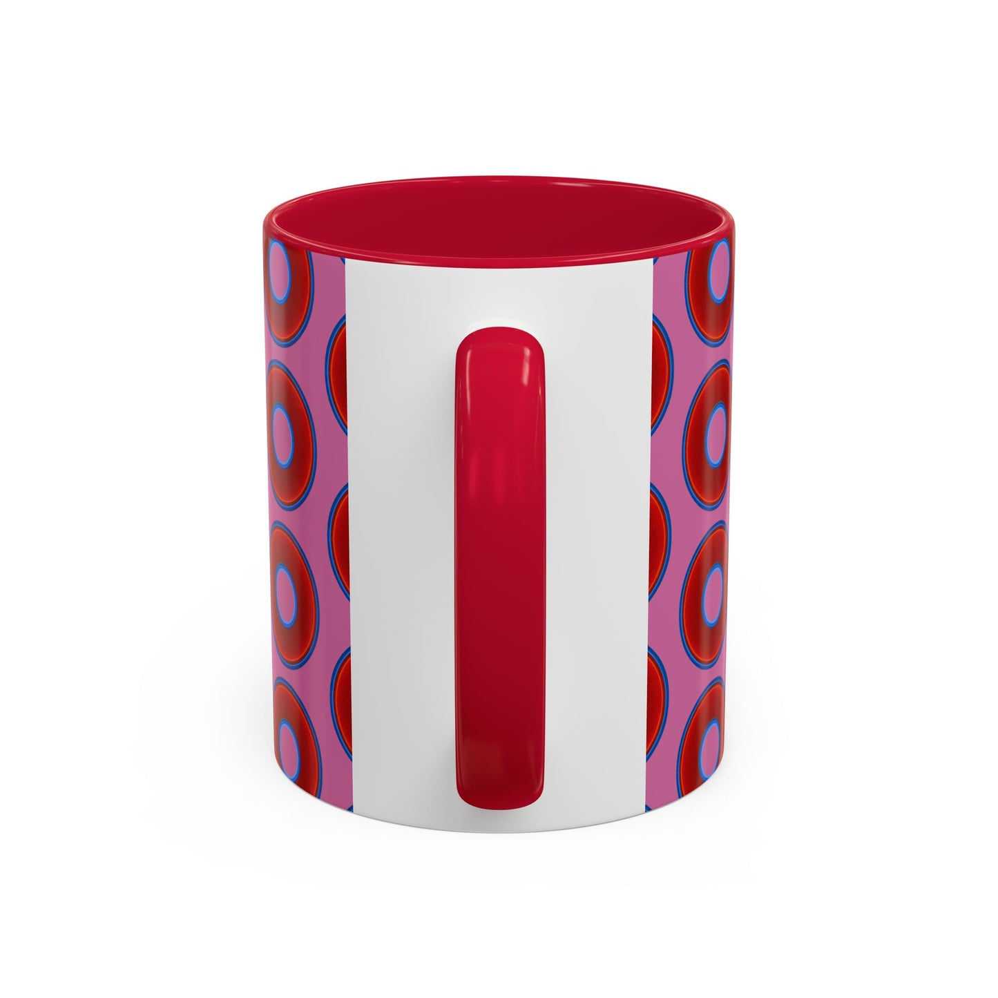 Lump's Grumpy Coffee Mug - vivid red donuts w/pink background
