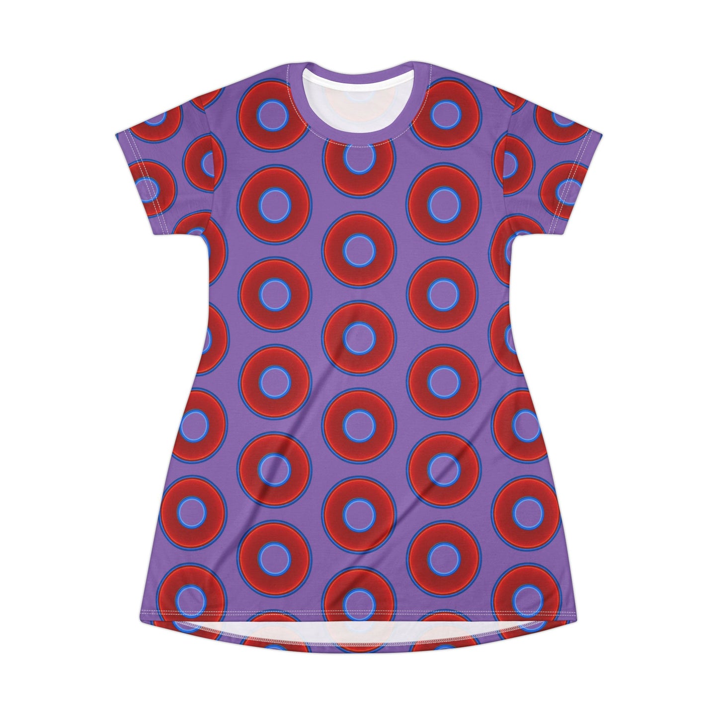 Not a Muumuu AOP Tee Shirt Dress - red vivid donuts w/light purple background