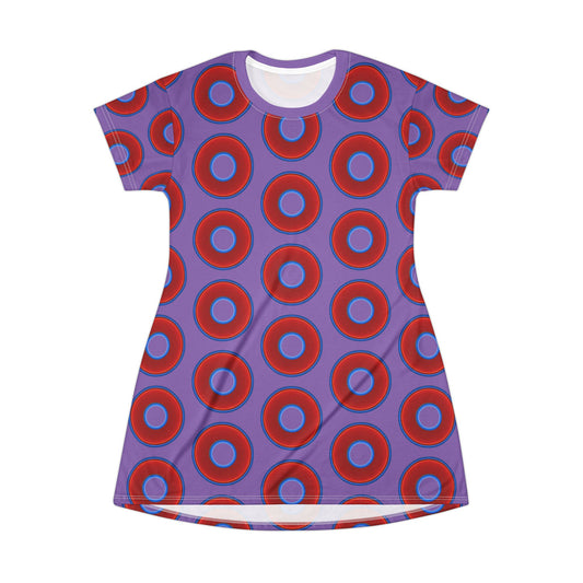 Not a Muumuu AOP Tee Shirt Dress - red vivid donuts w/light purple background
