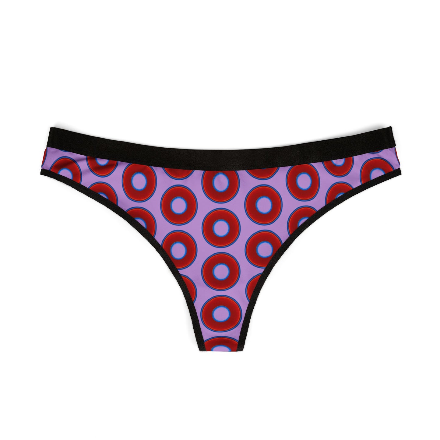 Lumpy Donut Thongs - red vivid donut print w/wisteria purple background