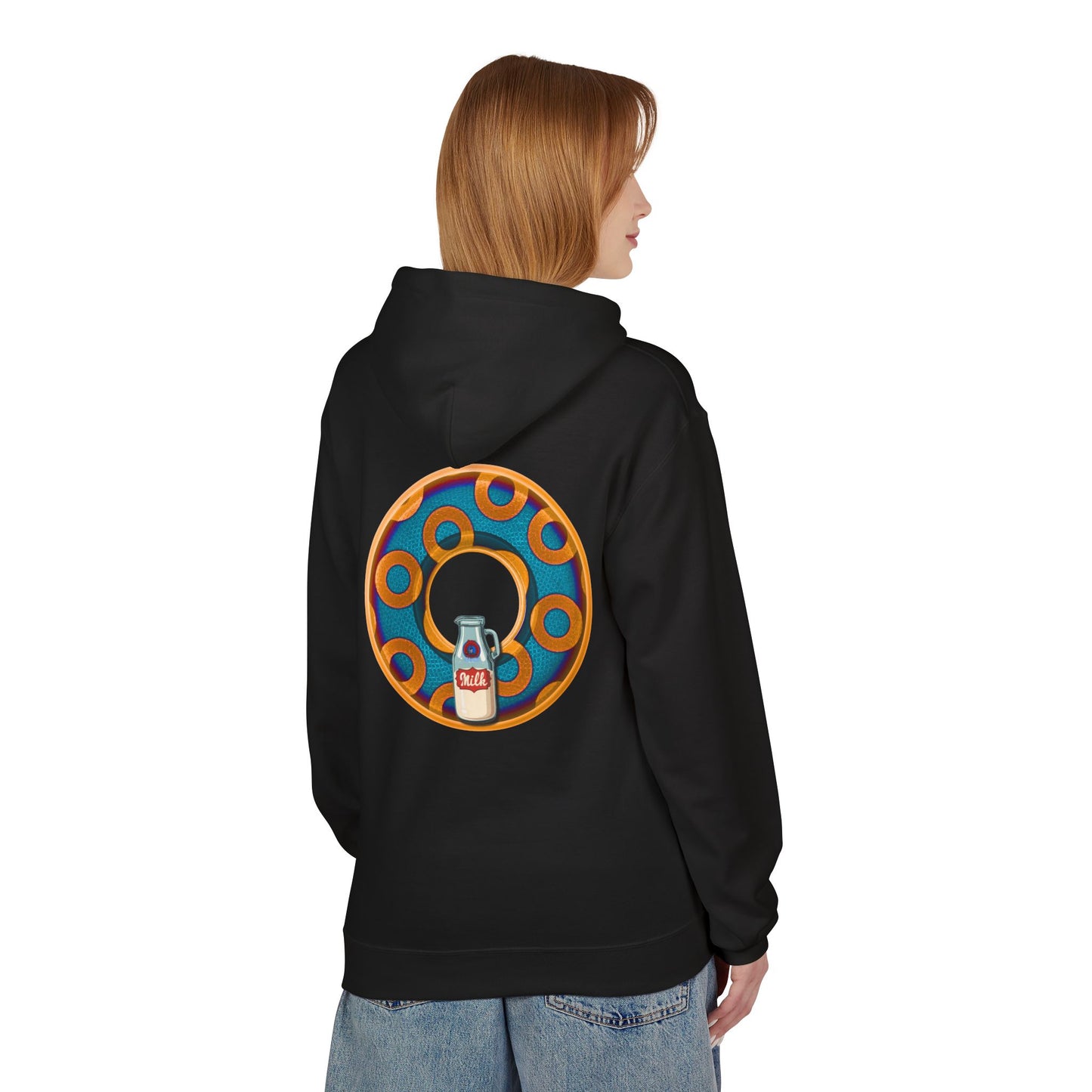 Fleece Harry Hoodies [Midweight Soft-style] - "Wooked Cream Dairy - YEMSG Donut" - blue/orange rustic paradox donut - variant 4