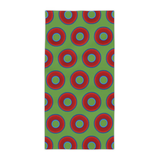 Lumpy Donut Towels - vivid red donuts w/light green background