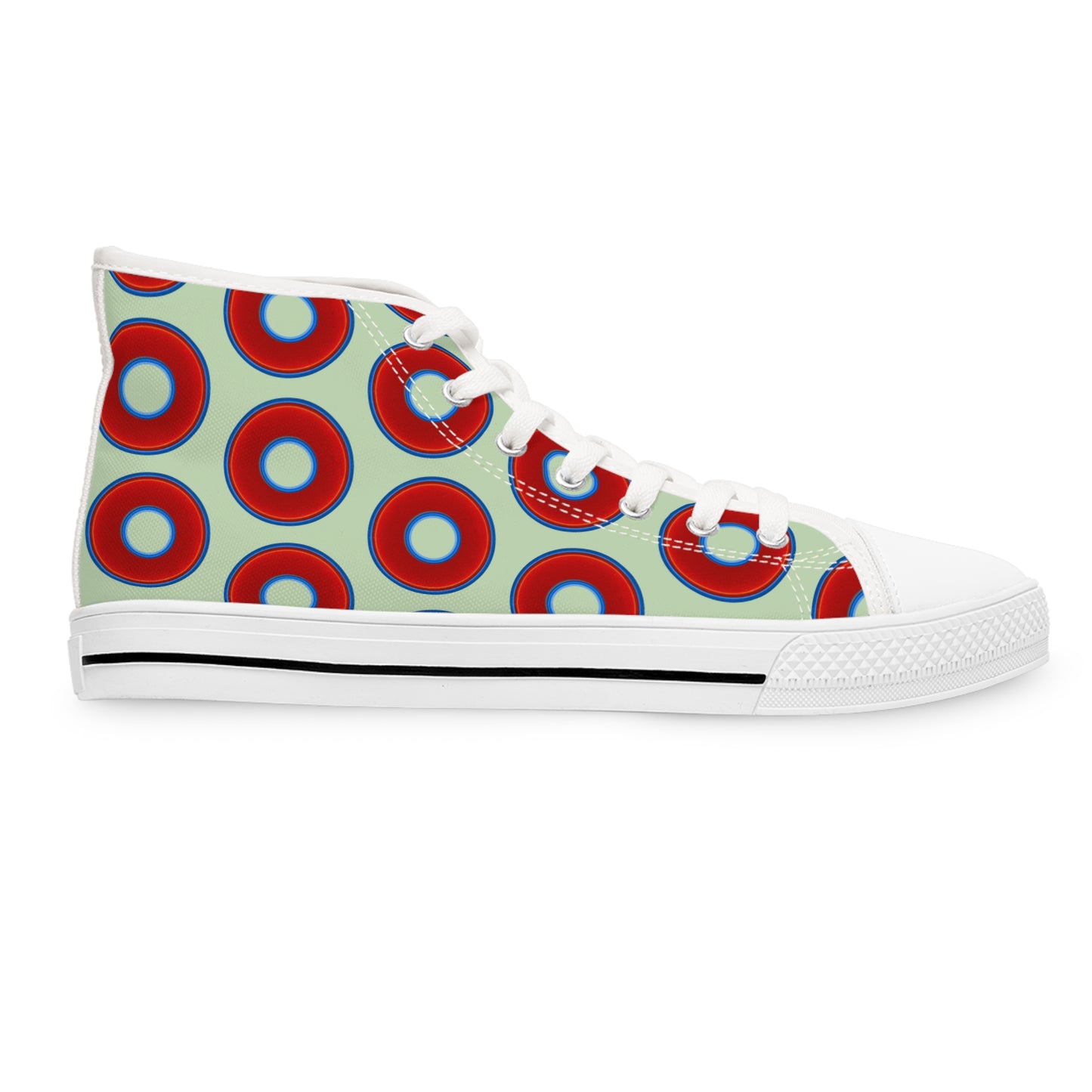 Women's High Top Chuck Taylors - large vivid red donut print w/seafoam background