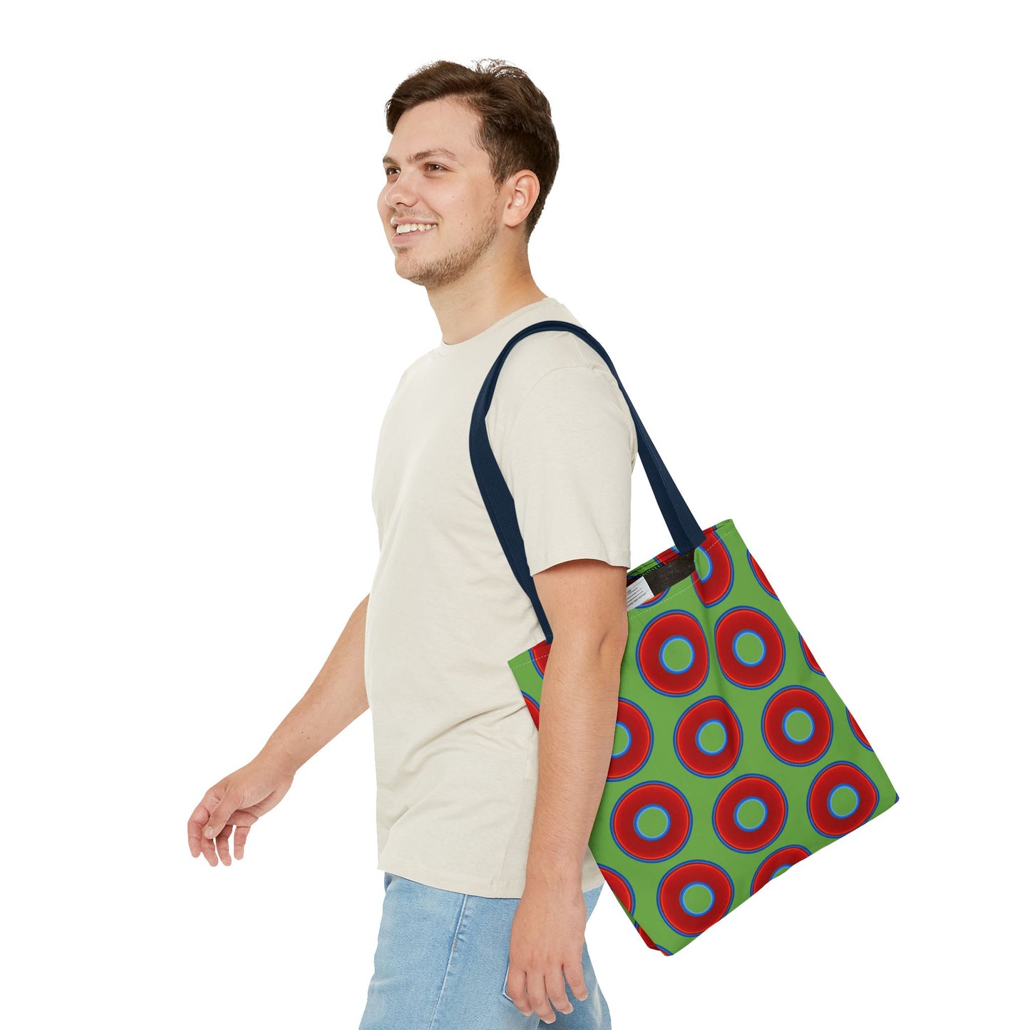 Lumpy Beach/Tote Bag - red vivid donuts w/light green background