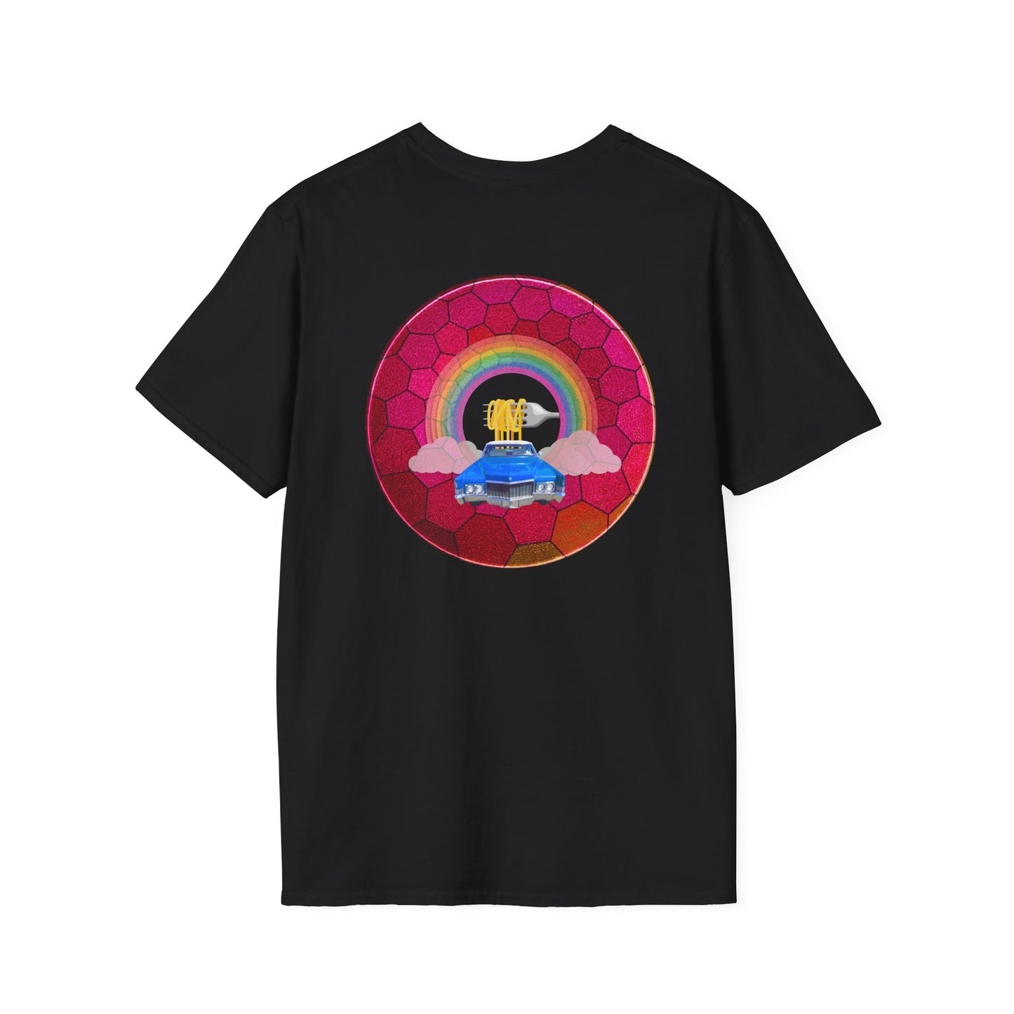 Classic Donut Tee - Unisex Soft-Style - "Cadillac Rainbows Donut Tee " - variant 2 - magenta hexadonut w/blue caddy