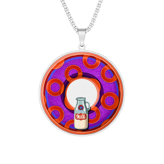 Lump's Heady Donut Necklace - 1" x 1" Stainless Steel Pendant - "Wooked Cream Dairy - YEMSG Donut" - purple/red rustic paradox donut - variant 5