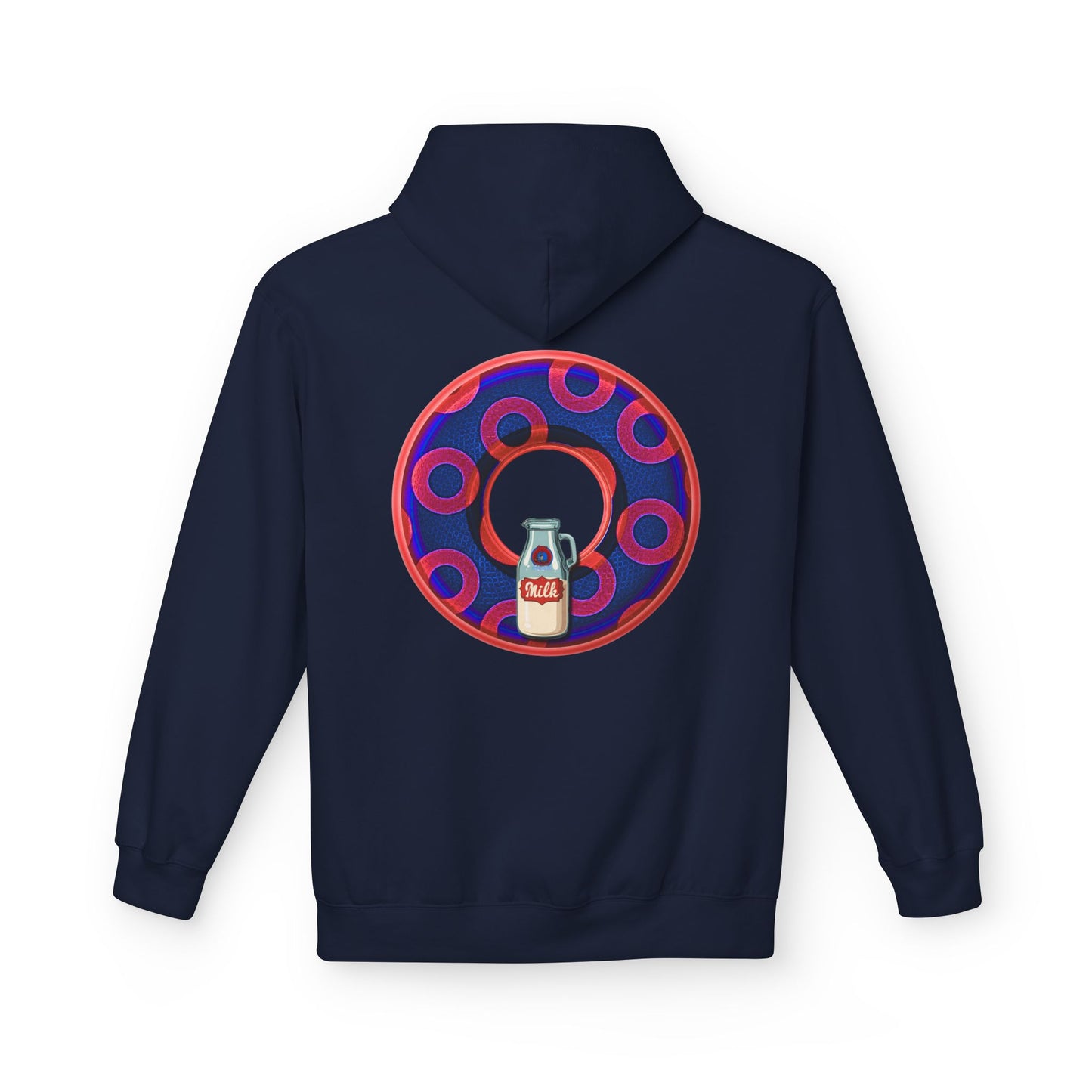 Fleece Harry Hoodies [Midweight Soft-style] - "Wooked Cream Dairy - YEMSG Donut" - electric blue/red rustic paradox donut - variant 2