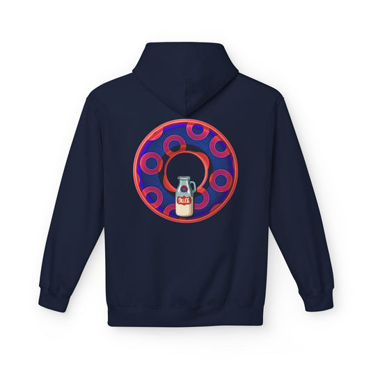 Fleece Harry Hoodies [Midweight Soft-style] - "Wooked Cream Dairy - YEMSG Donut" - electric blue/red rustic paradox donut - variant 2