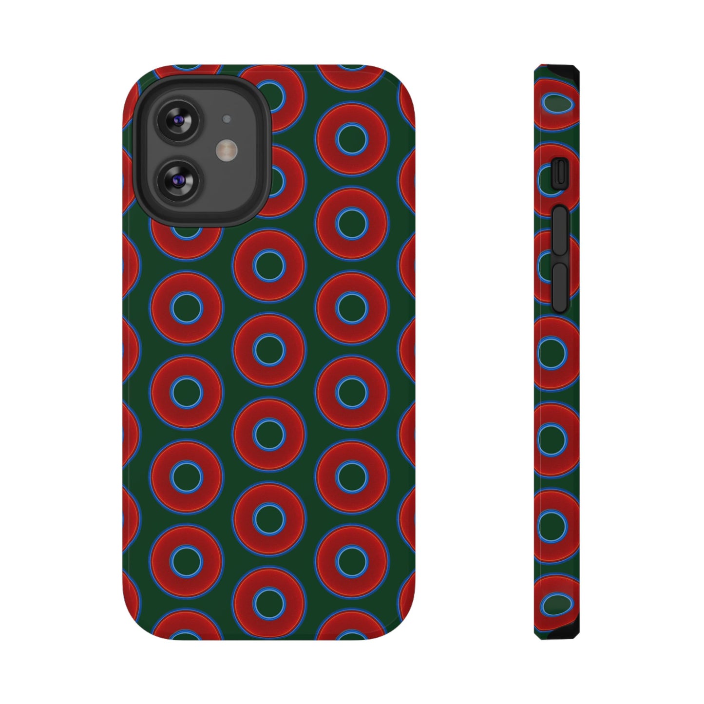Impact-Resistant Lumpy Donut Case - red vivid donut print w/dark pond green background