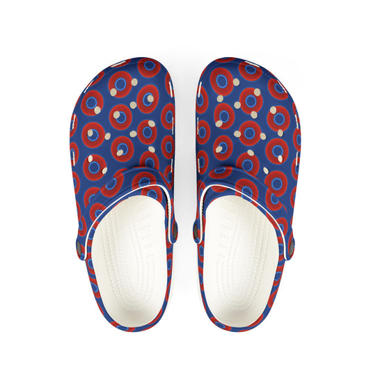 Spatchcocks - donut slip-on shoes - vivid red donuts w/navy background [unisex]