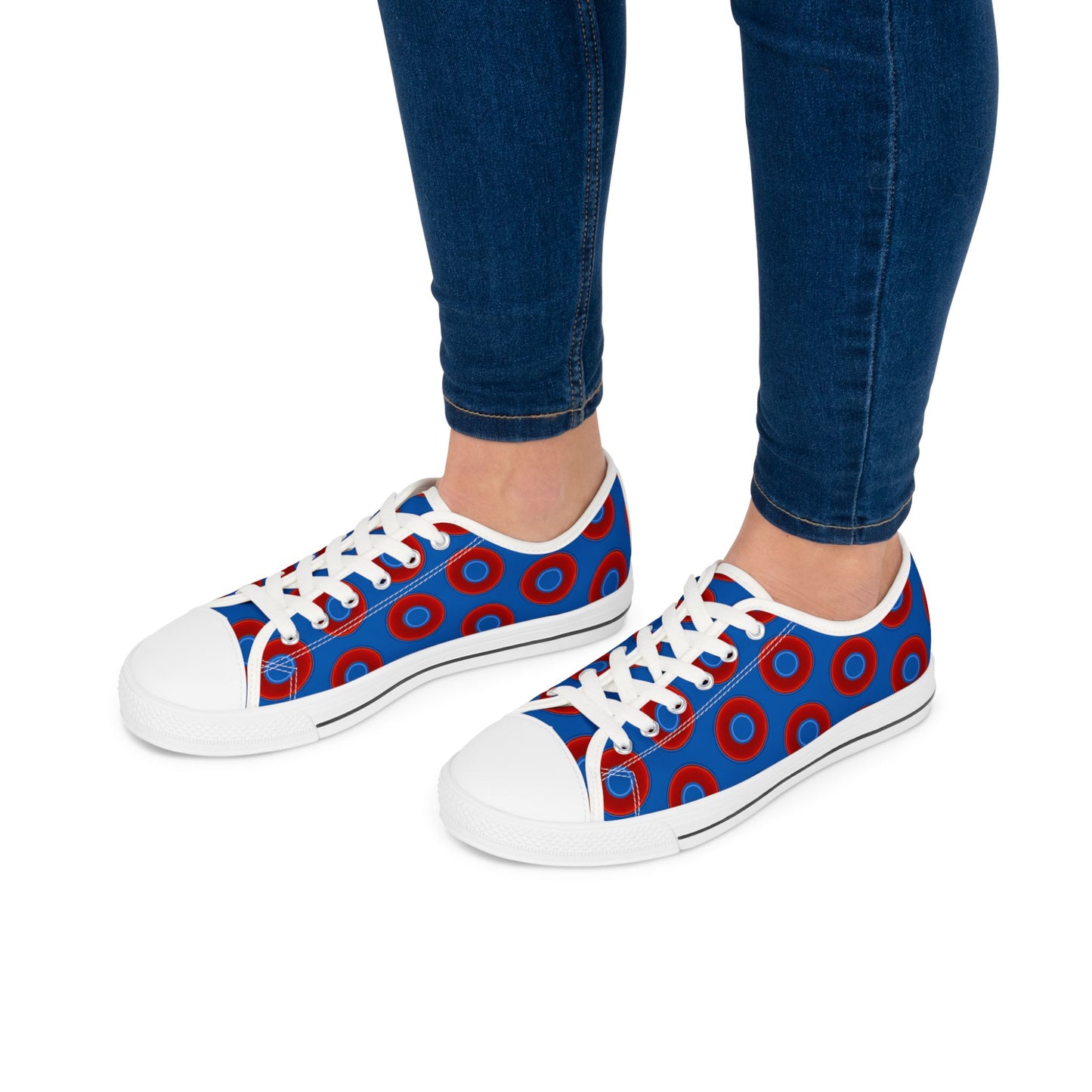 Women's - Low Top Chuck Taylors - large vivid red donut print w/dark royal blue background