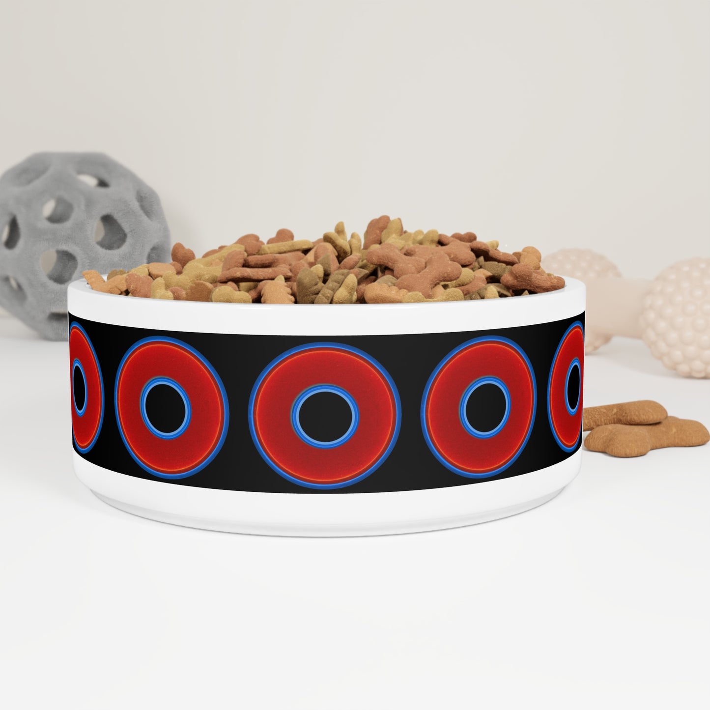 16 oz Lumpy Pet Bowl - vivid red donuts w/black background