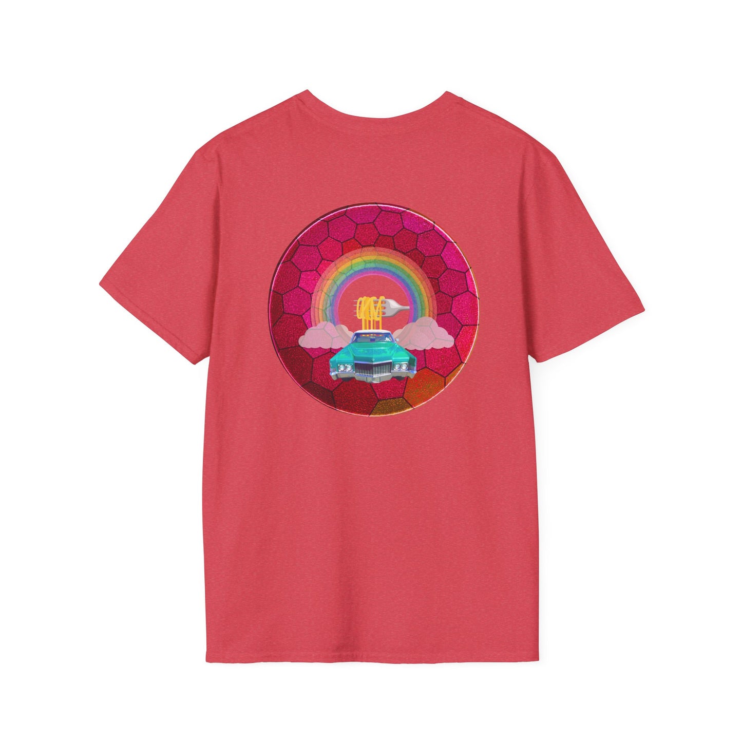 Classic Donut Tee - Unisex Soft-Style - "Cadillac Rainbows Donut Tee" - variant 3 - magenta hexadonut w/mint green caddy