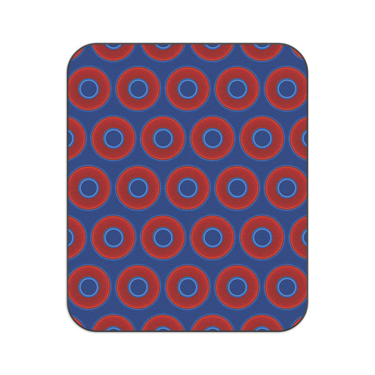 The Lumpy Party Blanket - giant water-resistant outdoor blanket [61" x 51"] - vivid red donuts w/dark blue background
