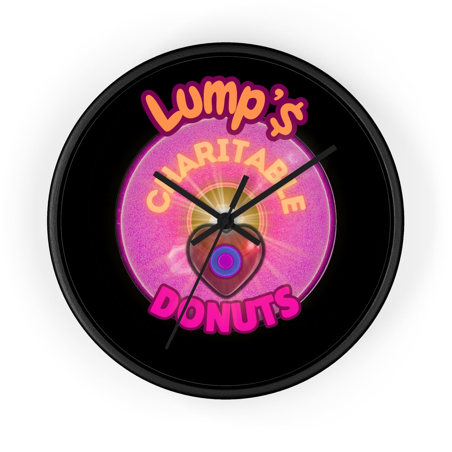 Lumpy Wall Clock - "Official Lump's Charitable Donut" - pink vivid donut w/black background [*charitable donut]