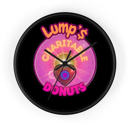 Lumpy Wall Clock - "Official Lump's Charitable Donut" - pink vivid donut w/black background [*charitable donut]