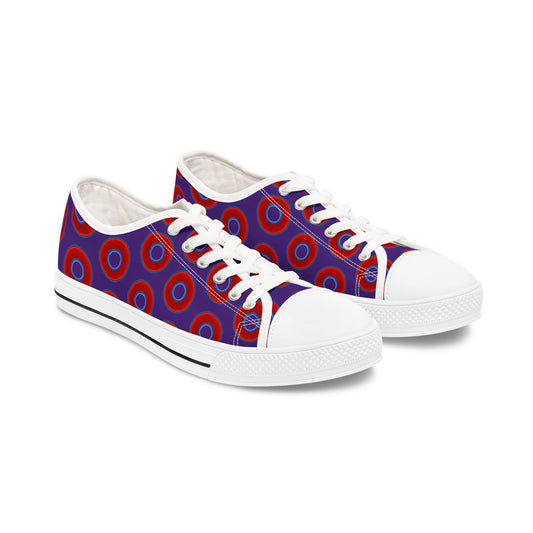 Women's - Low Top Chuck Taylors - large vivid red donut print w/purple background