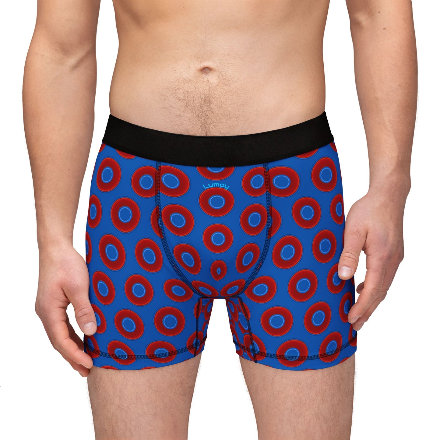Men's Donut Boxers - red vivid donuts w/dark royal blue background