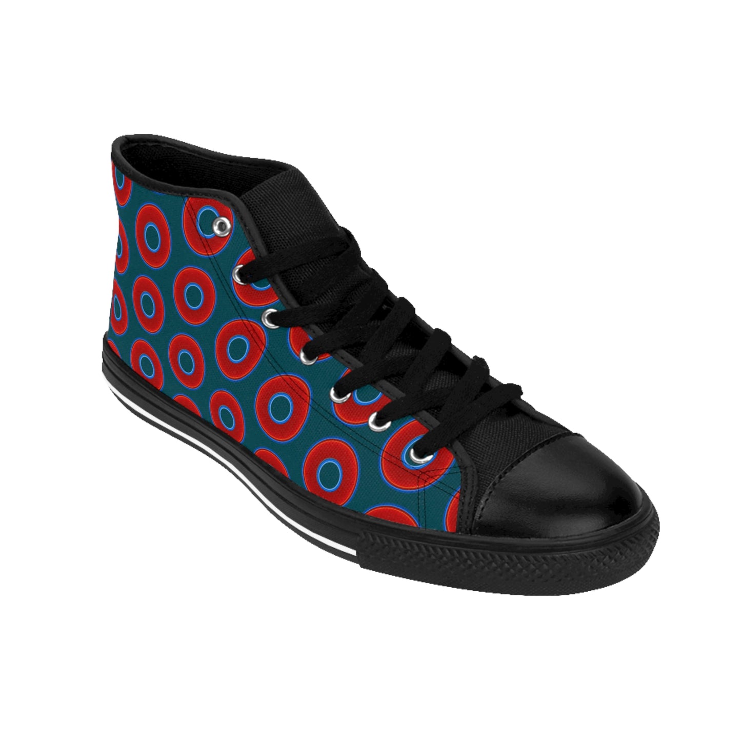 Men's Cushiony Convectors - High Tops - red vivid donuts w/midnight teal green background