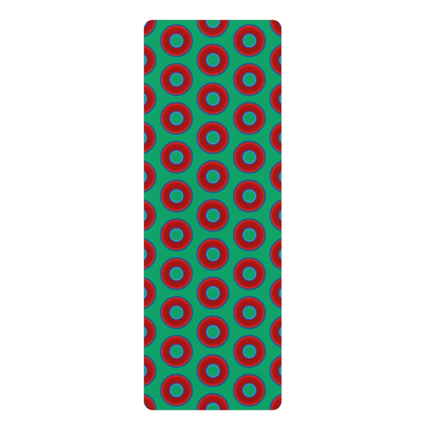 Lumpy Donut Yoga Mat :) - 24″ x 70" - vivid red donut print w/jade green background