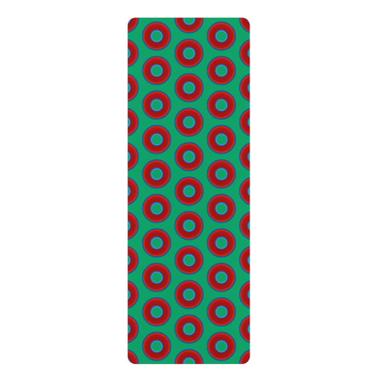 Lumpy Donut Yoga Mat :) - 24″ x 70" - vivid red donut print w/jade green background