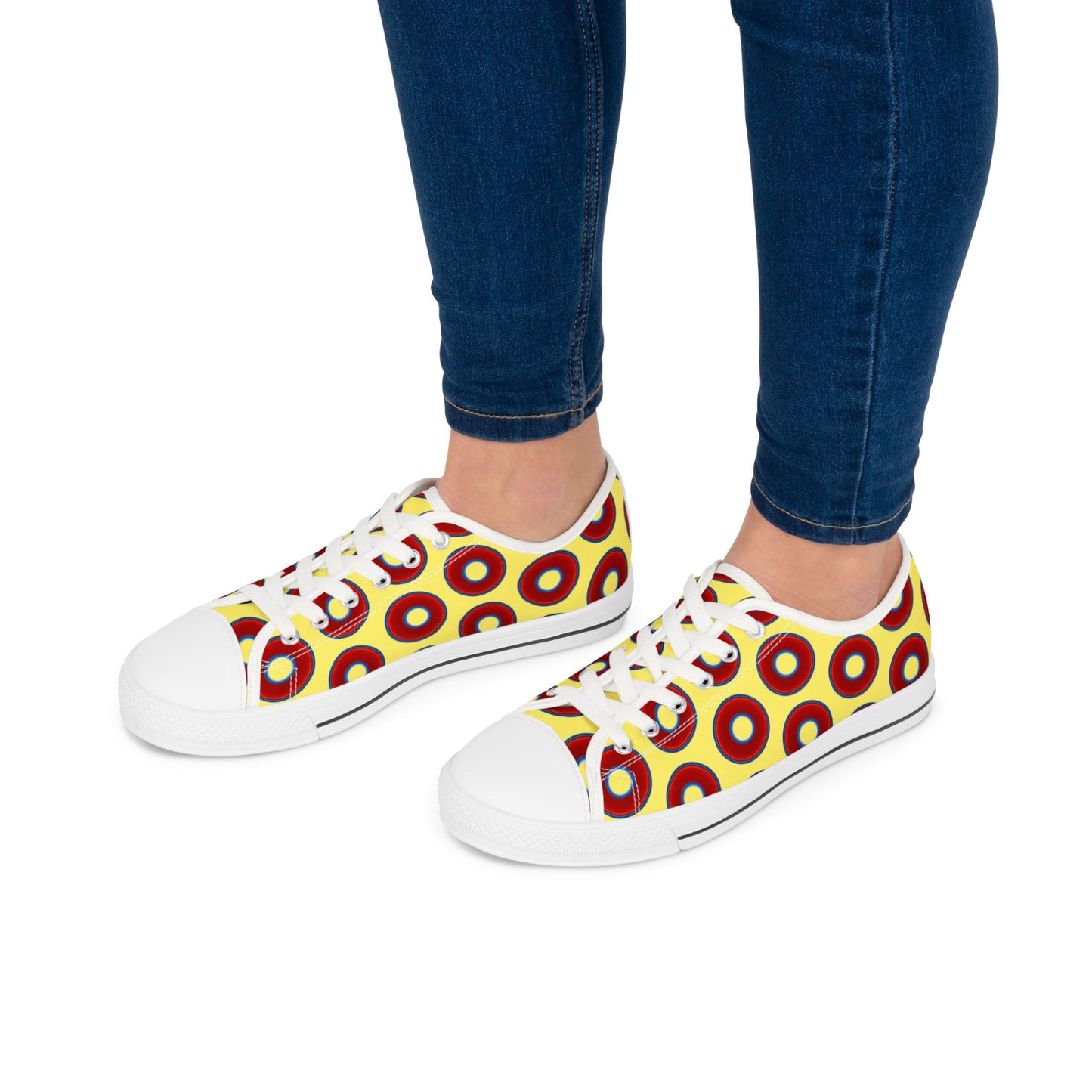 Women's - Low Top Chuck Taylors - large vivid red donut print w/yellow background
