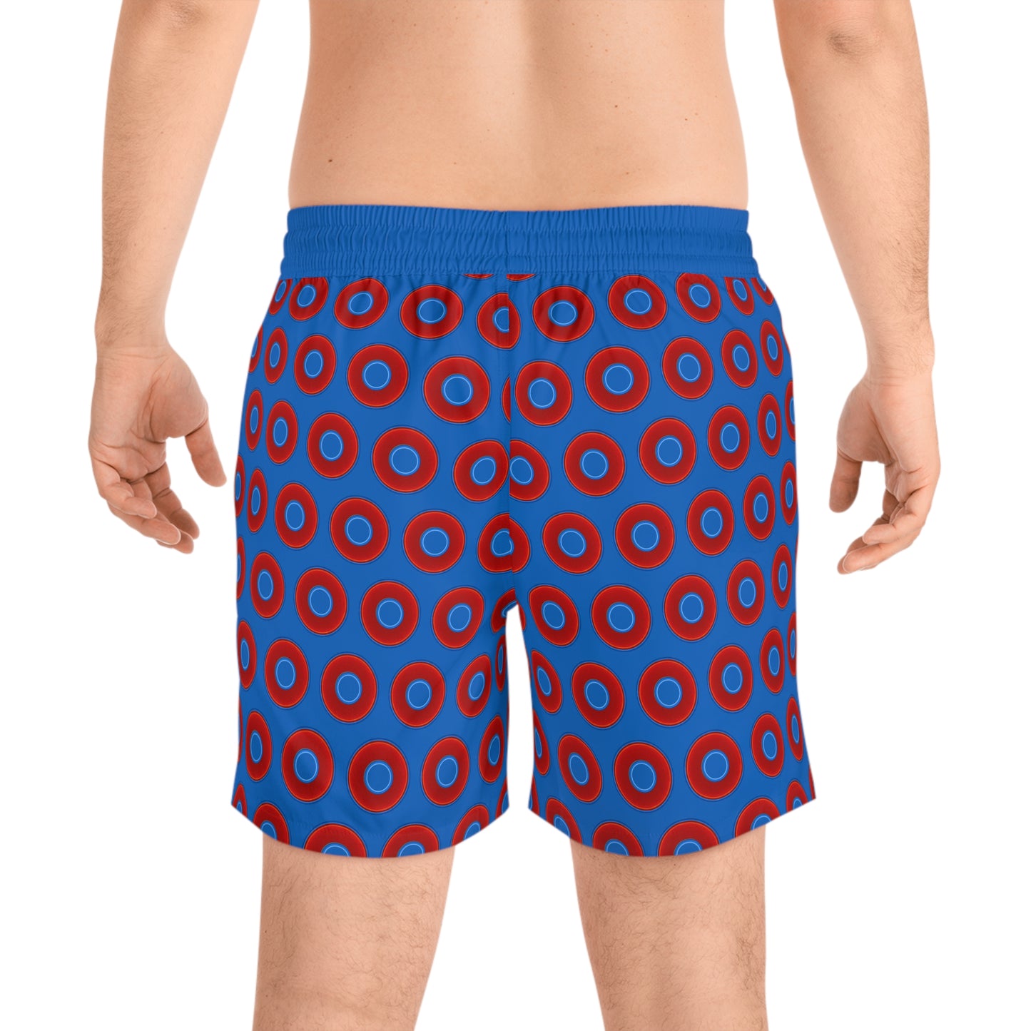 Men's Lumpy Swim Trunks - vivid red donut print w/dark royal blue background