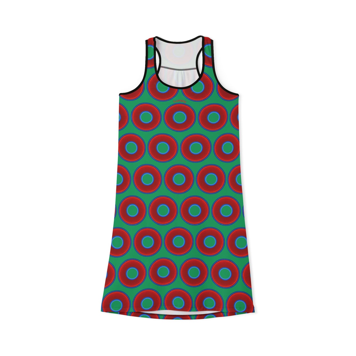 Tela's Lumpy Racerback Donut Dress - red vivid donut print w/jade green background