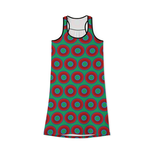 Tela's Lumpy Racerback Donut Dress - red vivid donut print w/jade green background