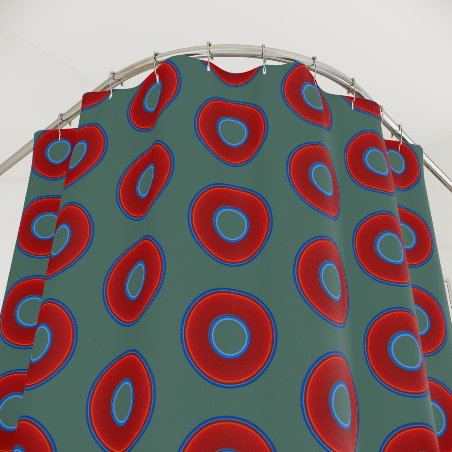 The Curtain With "Donuts" - Lumpy Bath Time Fun - vivid red donuts w/Fenway green background