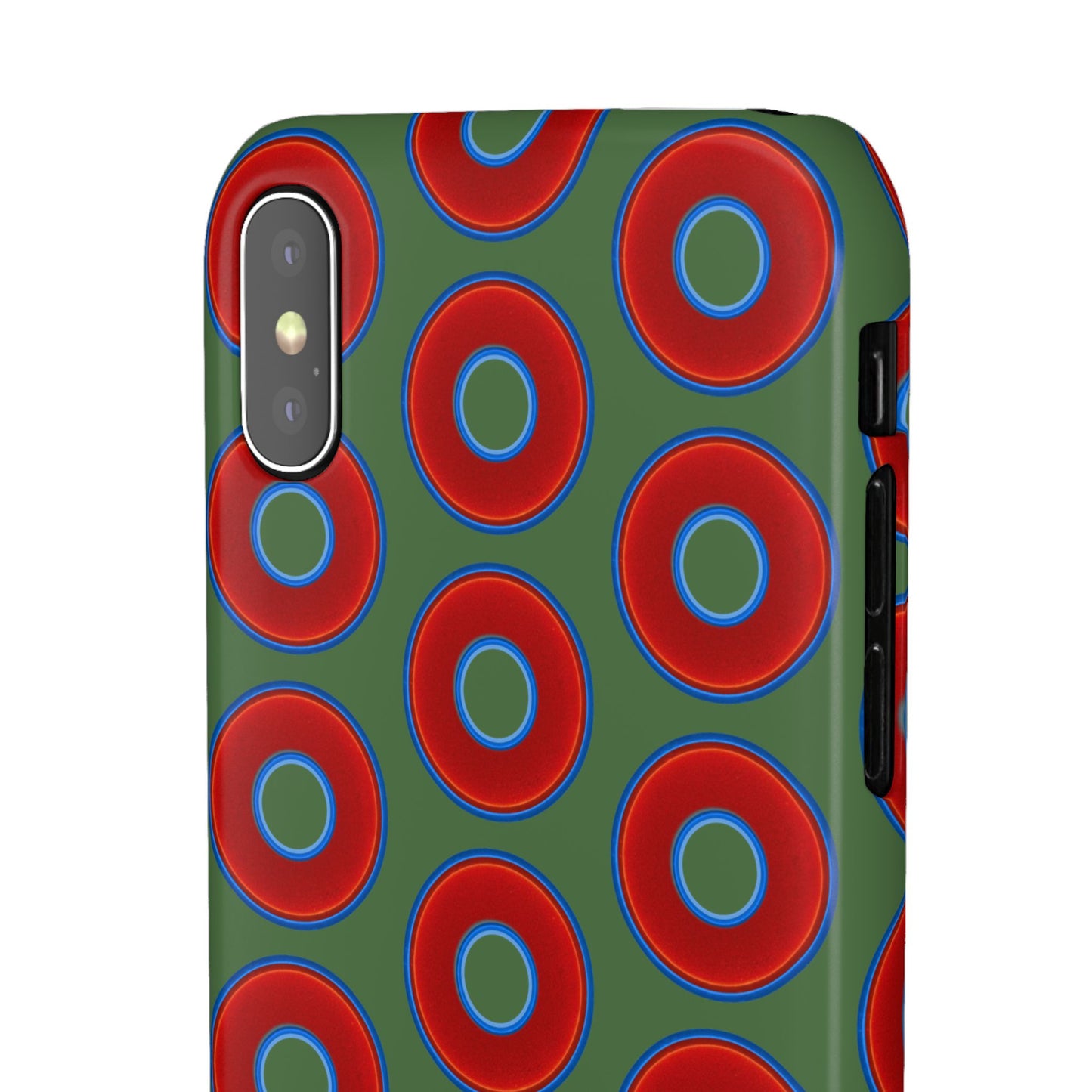 Lumpy Donut Snap Case - red vivid donut print w/dark green background
