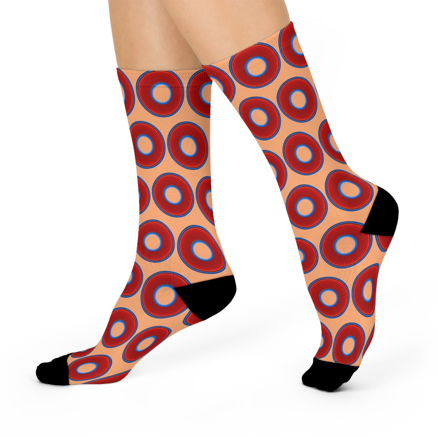 Lumpy Sox - cushioned crew - vivid red donut print w/peach background