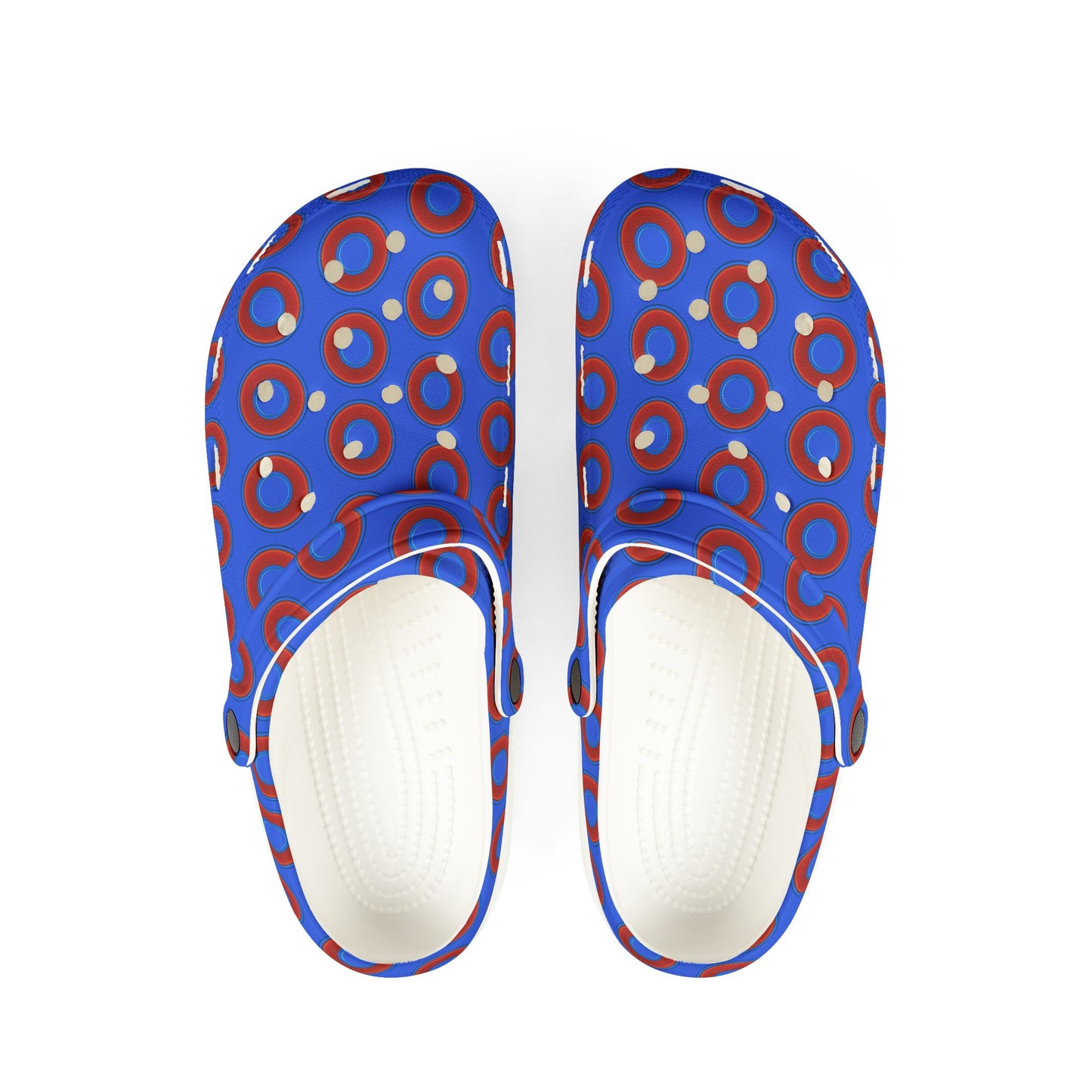 Spatchcocks - donut slip-on shoes - red rustic donuts w/royal blue background [unisex]