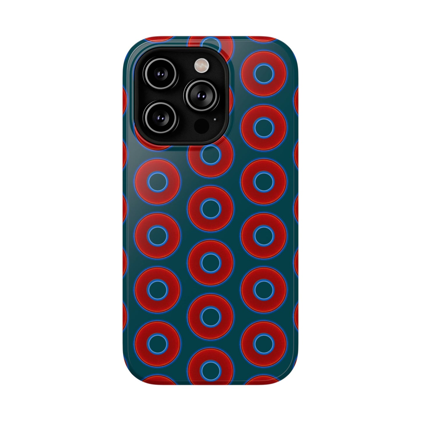 Impact-Resistant Lumpy Donut Case - red vivid donut print w/midnight green background
