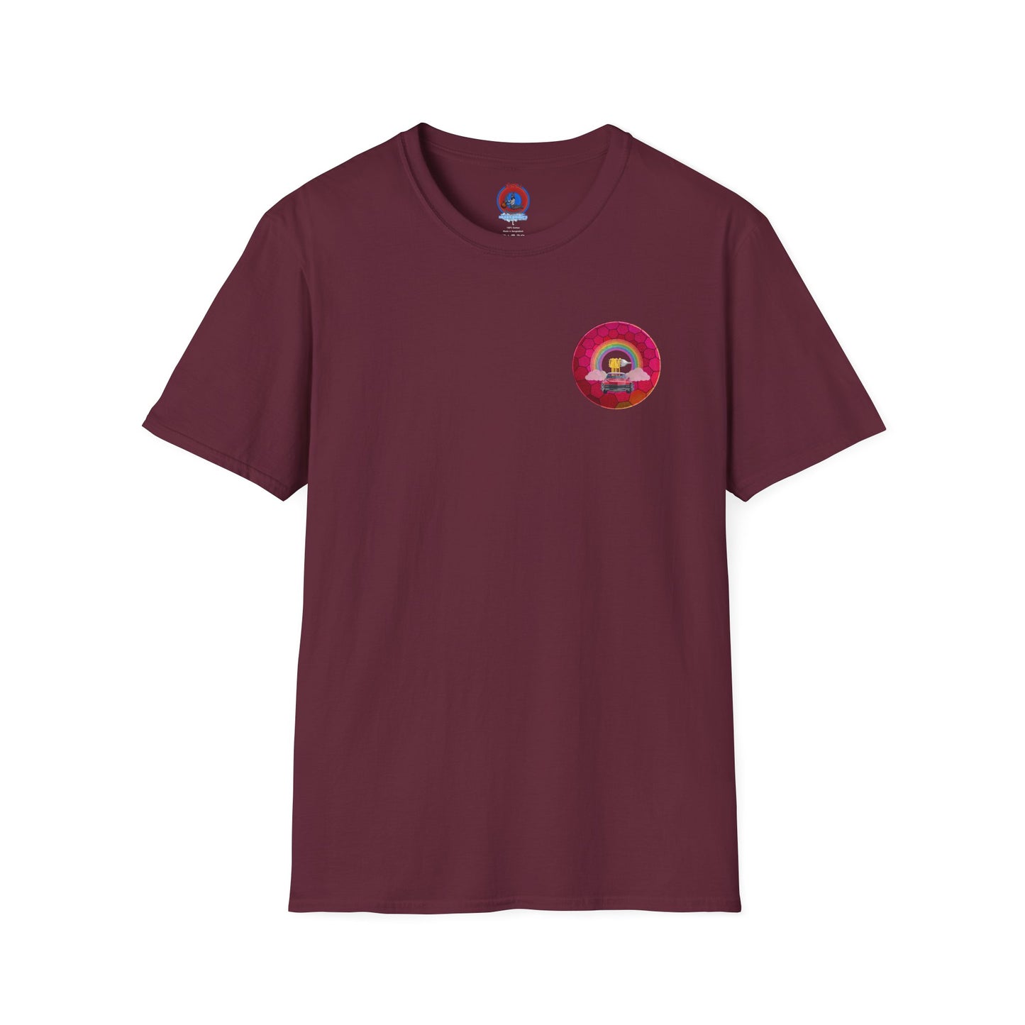 Classic Donut Tee - Unisex Soft-Style - "Cadillac Rainbows Donut Tee" - variant 1 - magenta hexadonut w/red caddy
