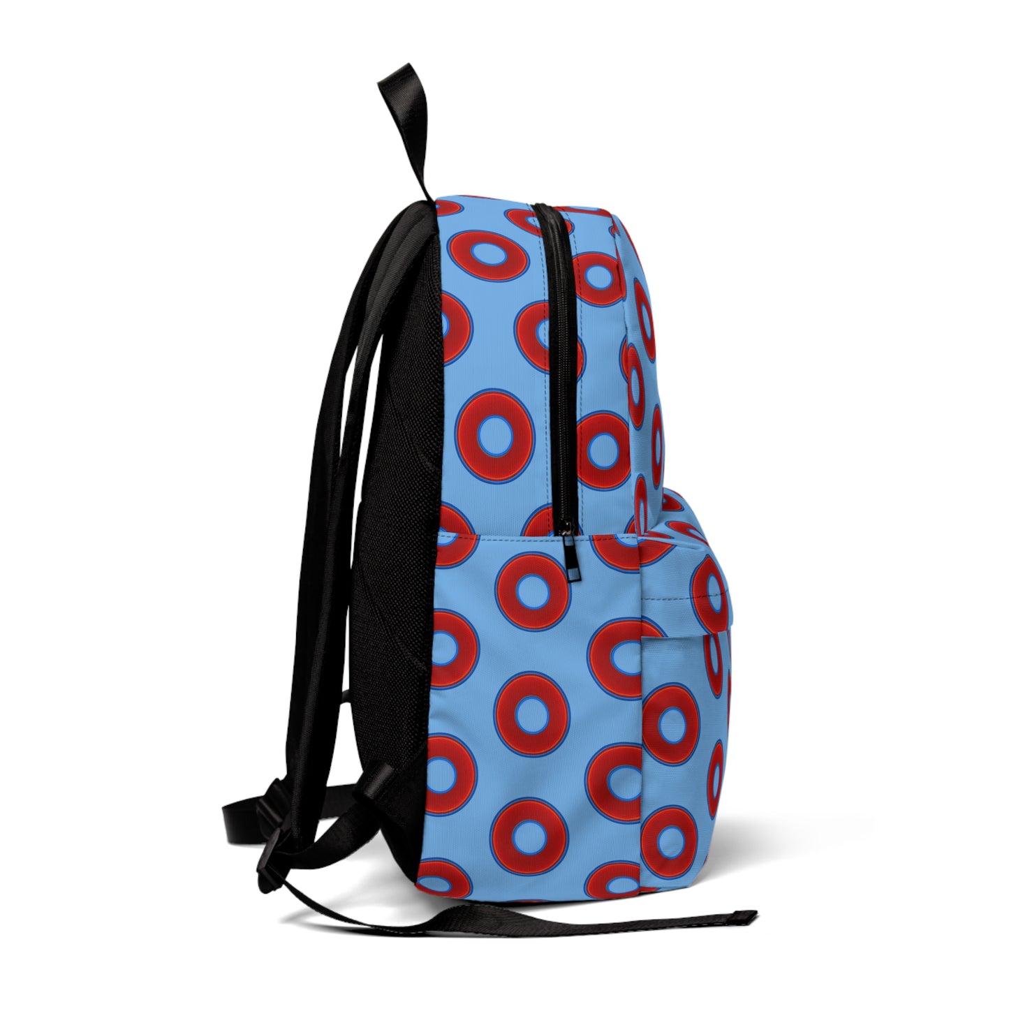 Donut Backpack - red vivid donuts w/light blue background